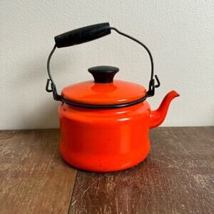 Vintage mid century orange enamel ware tea kettle pitcher farmhouse chic camping